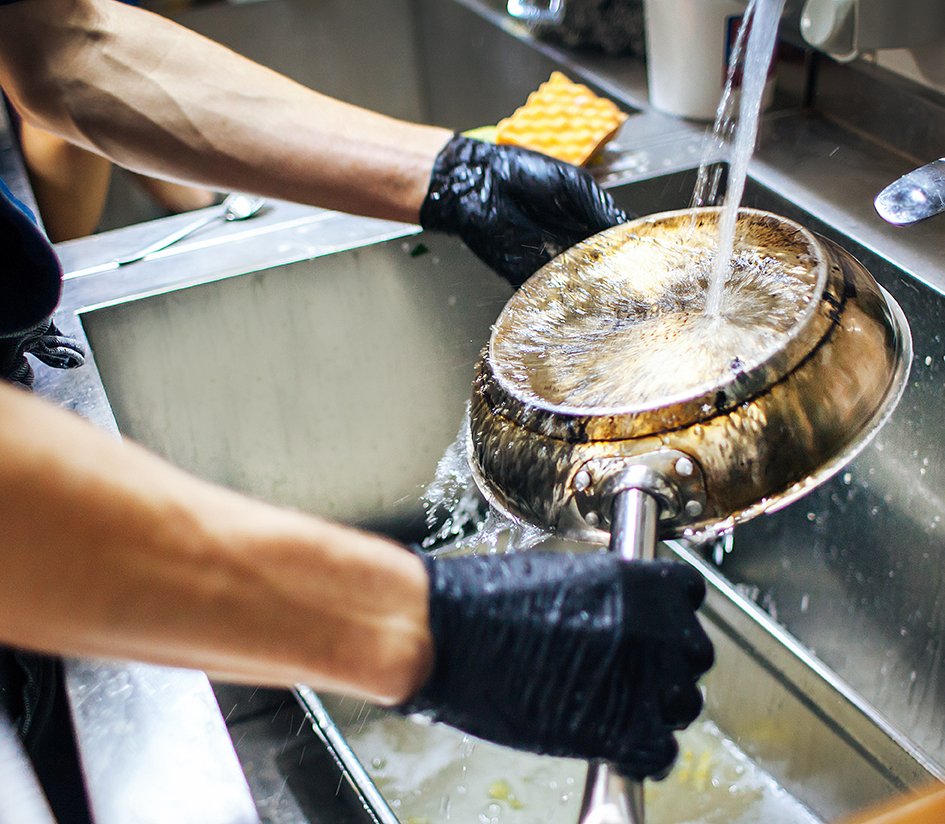 Washing dishes in restaurant sink