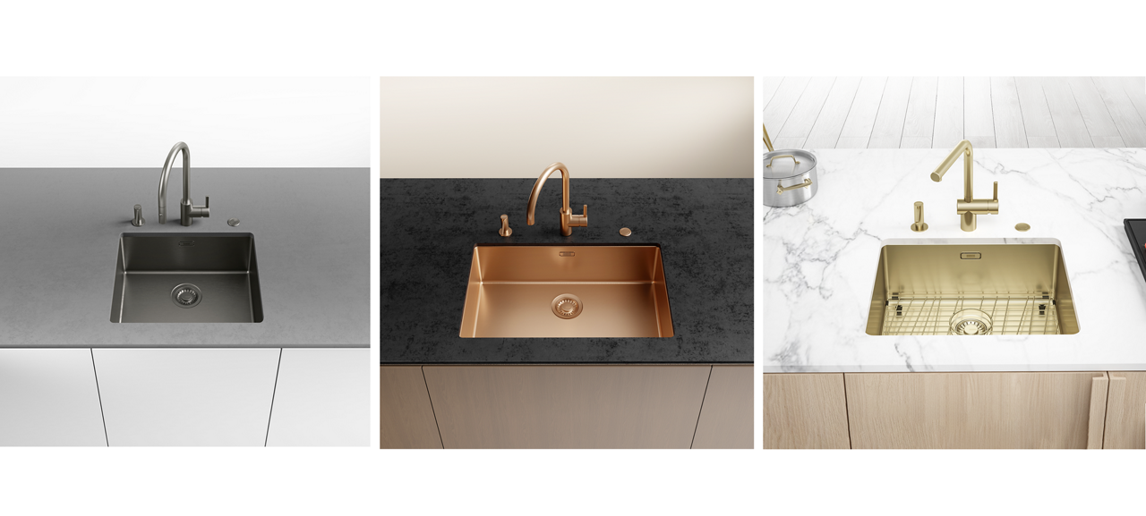 3 different Mythos Masterpiece BMX sinks showing next to each other in Anthracite, Copper, and Gold