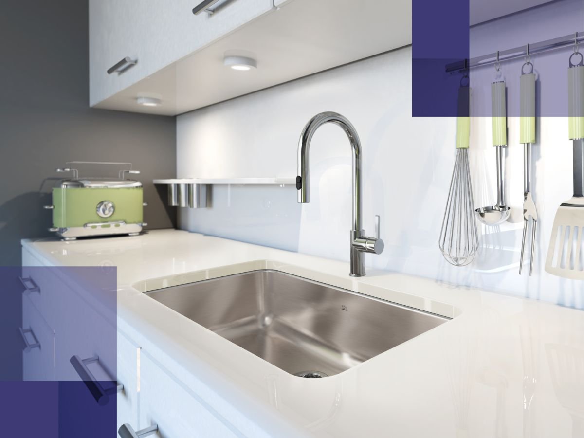 Stainless steel kitchen faucet and single bowl sink in a white ultra modern kitchen