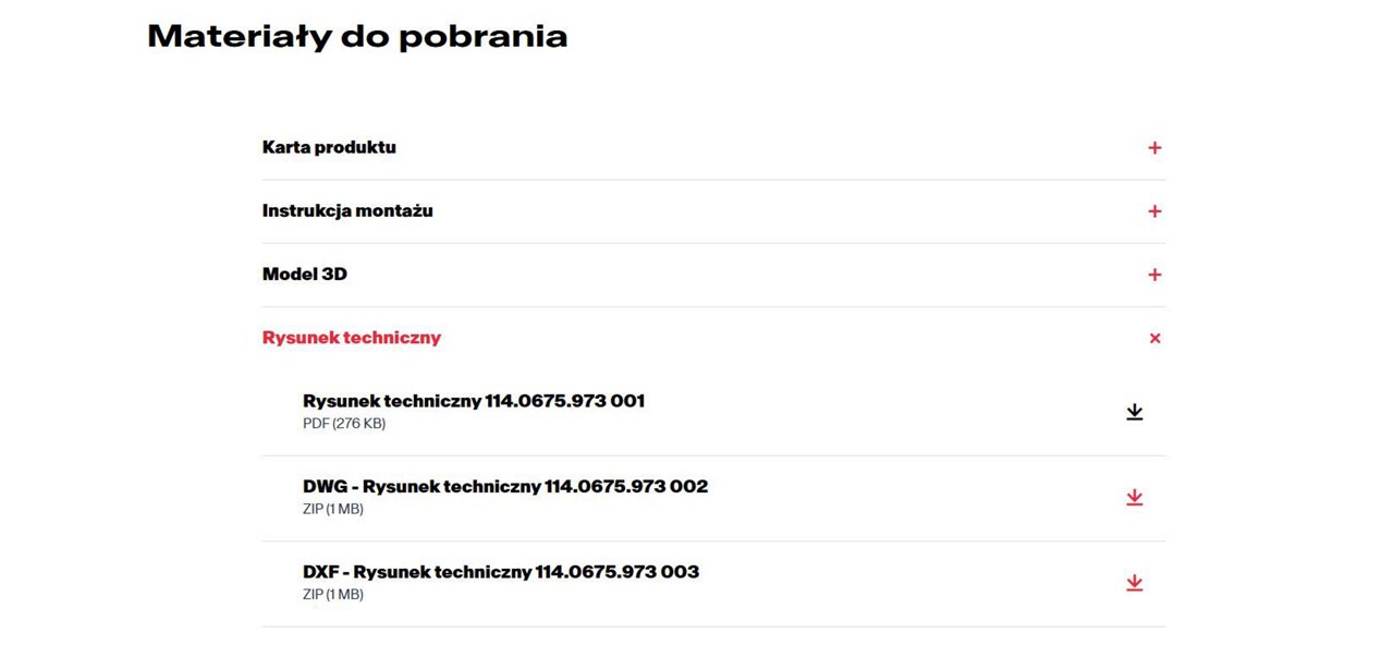screen ze strony produktowej, materiały do pobrania, rysunki techniczne