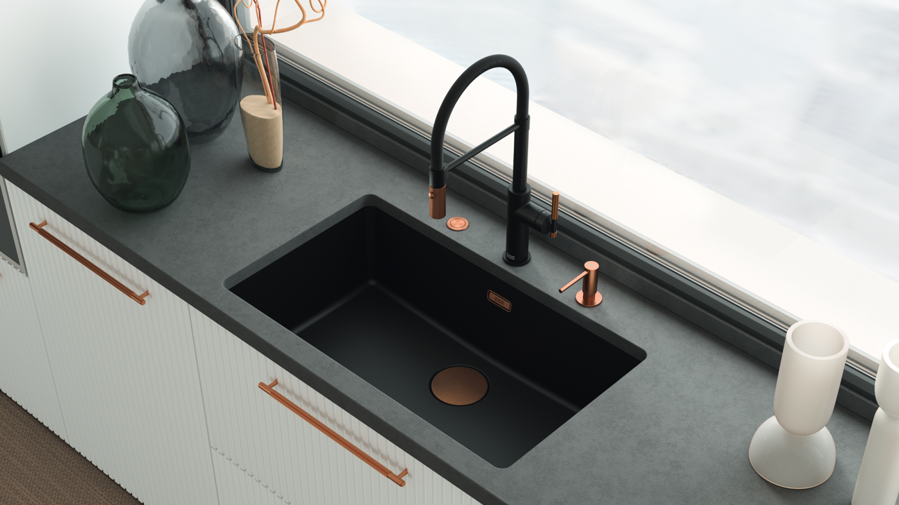 Kitchen sink black matt with copper finishes