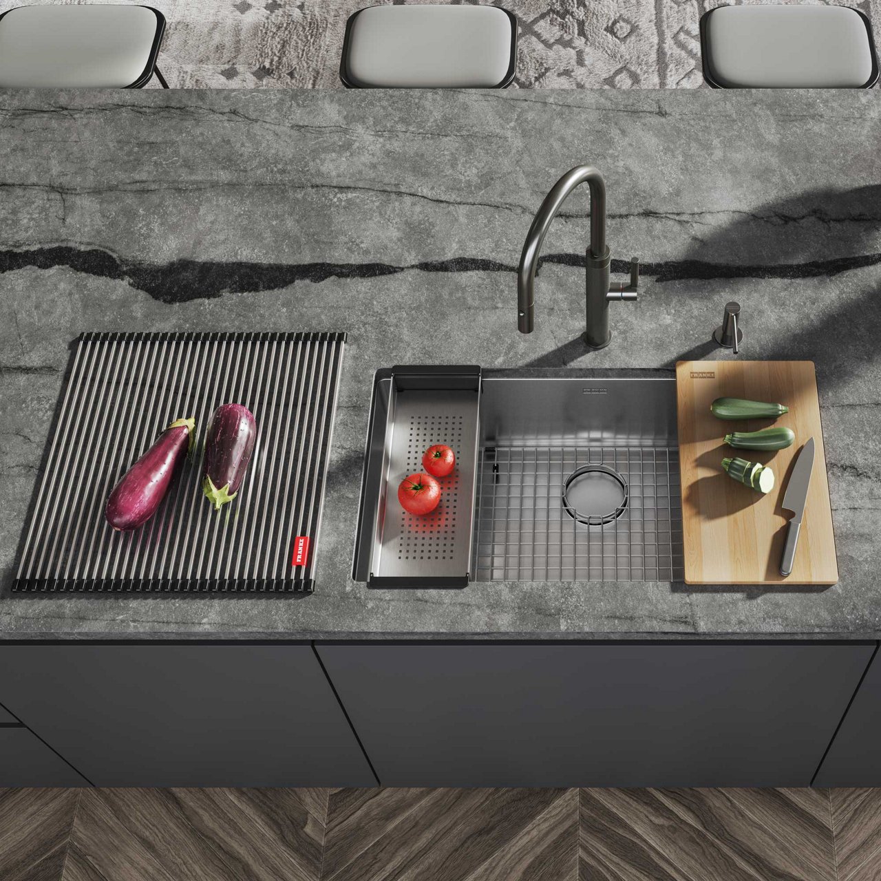 Vertex Workcenter sink with cutting board, colander, roller mat and bottom grid