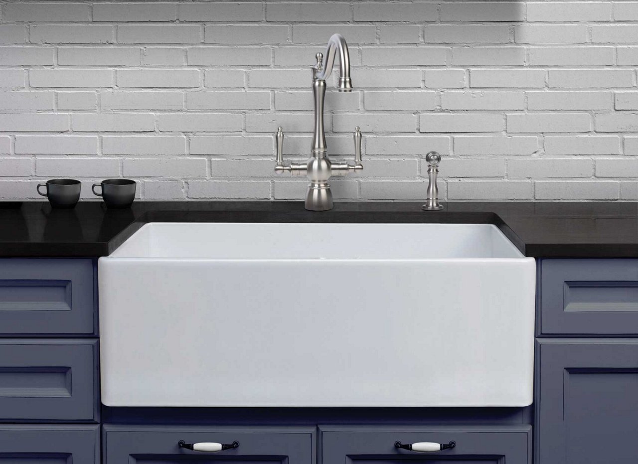 White-Apron Front-Fireclay Sink in Blue-Cabinets