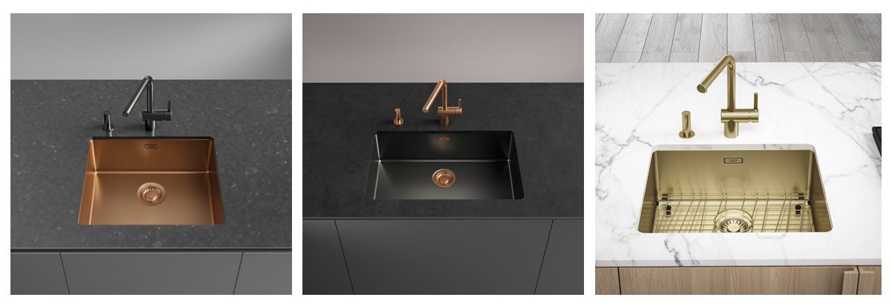 3 different Mythos Masterpiece BMX sinks showing next to each other in Anthracite, Copper, and Gold