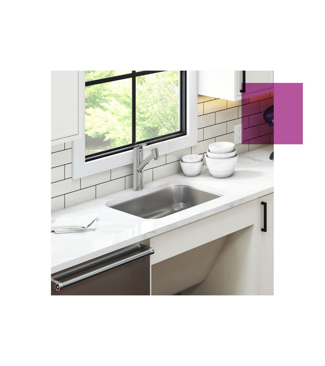 ADA kitchen sink in white cabinets with pull out kitchen faucet