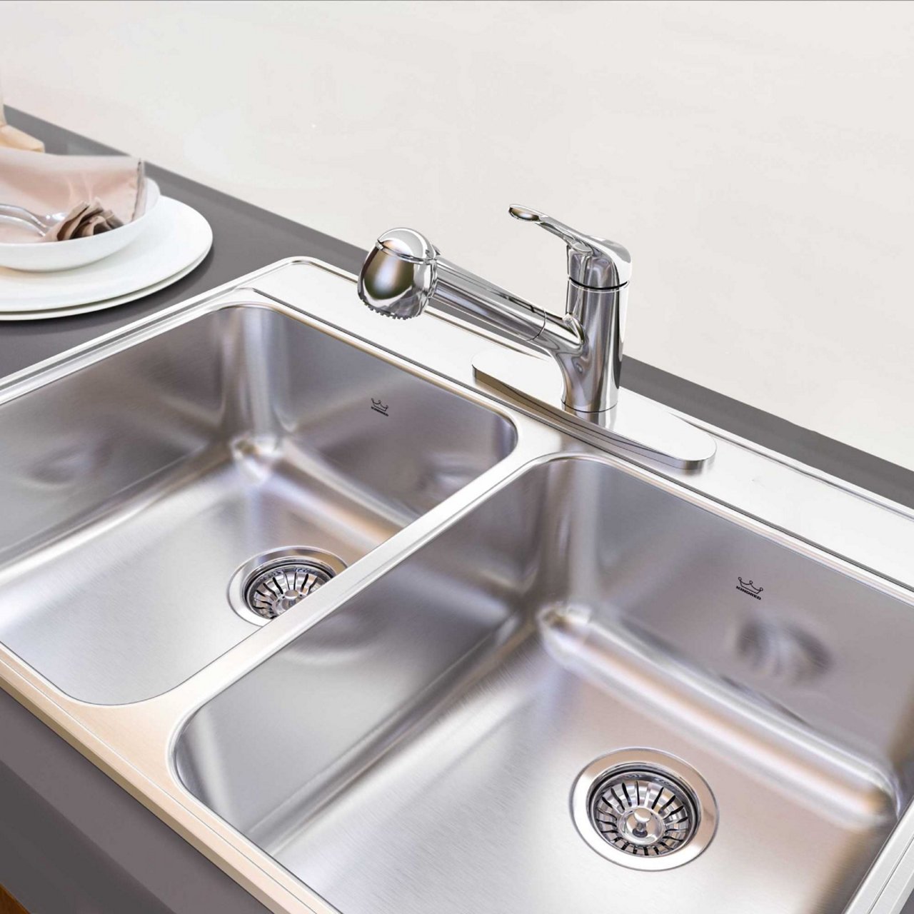 close up topmount double bowl stainless steel kitchen sink with pull-out kitchen faucet