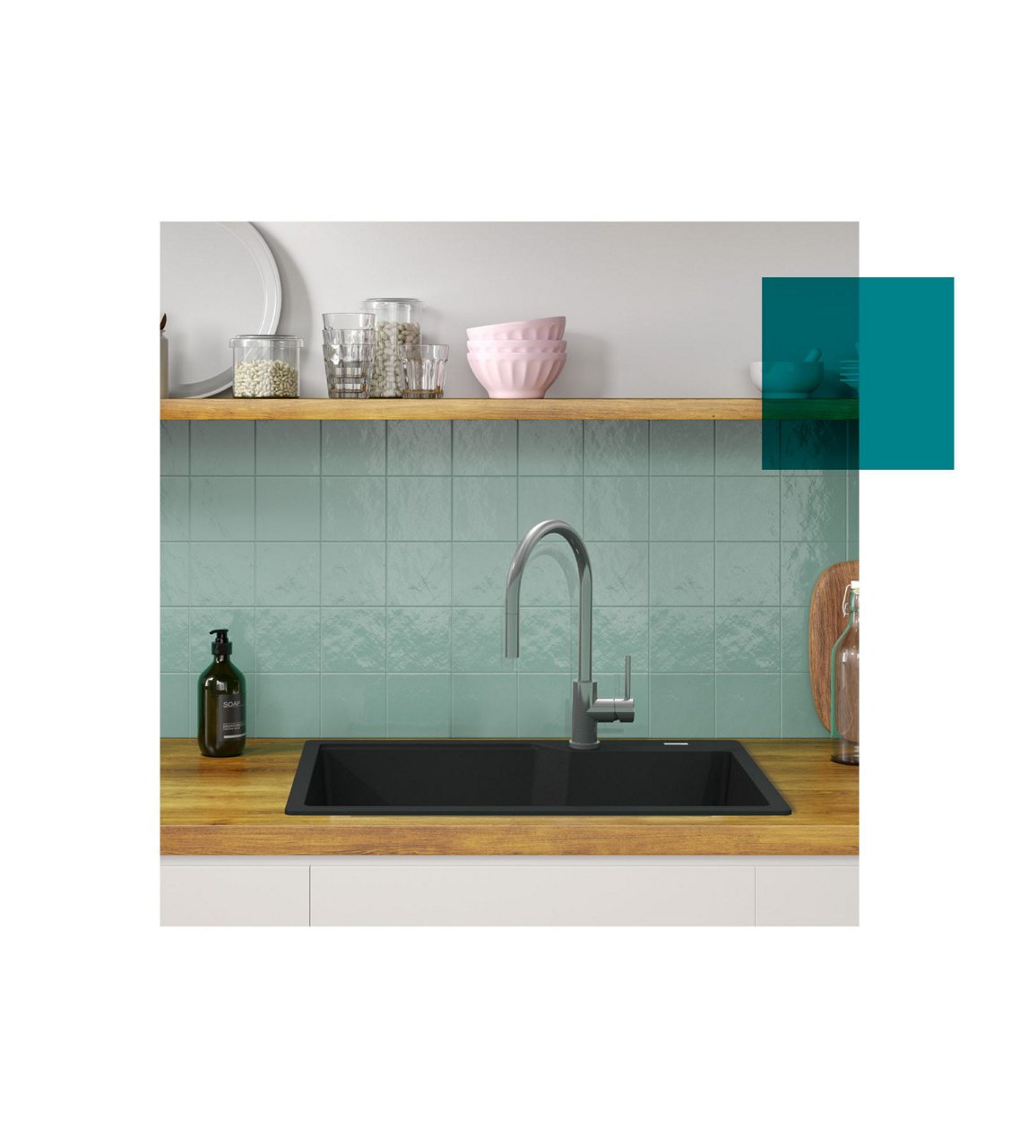 Kindred matte black granite sink and chrome faucet in kitchen with butcher block counter tops, open shelving and a teal tile blackspash