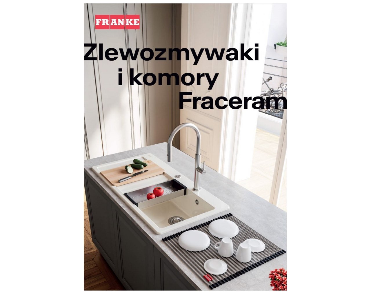 okładka ulotki zlewozmywaków ceramicznych Kubus KXK, na zdjęciu zlewozmywak w kolorze białym oraz chromowana bateria