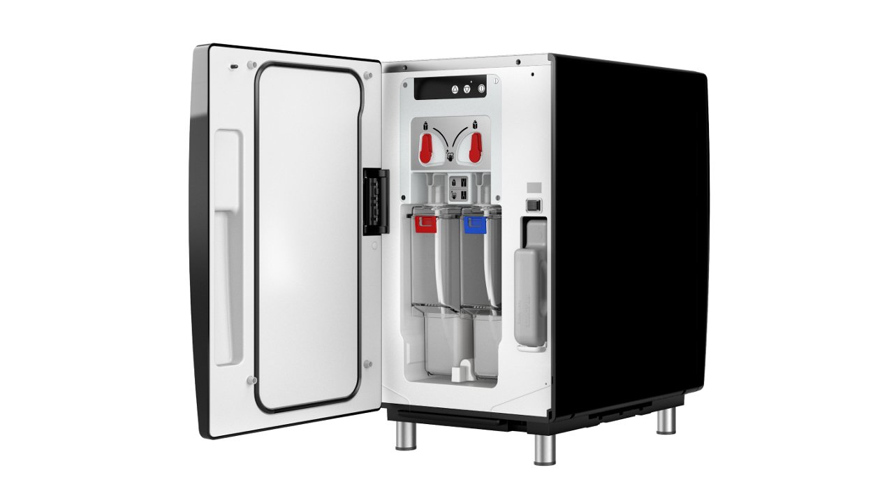 Franke Coffee Systems, add-on unit of fully automatic coffee machine, cooling unit with open door, side view