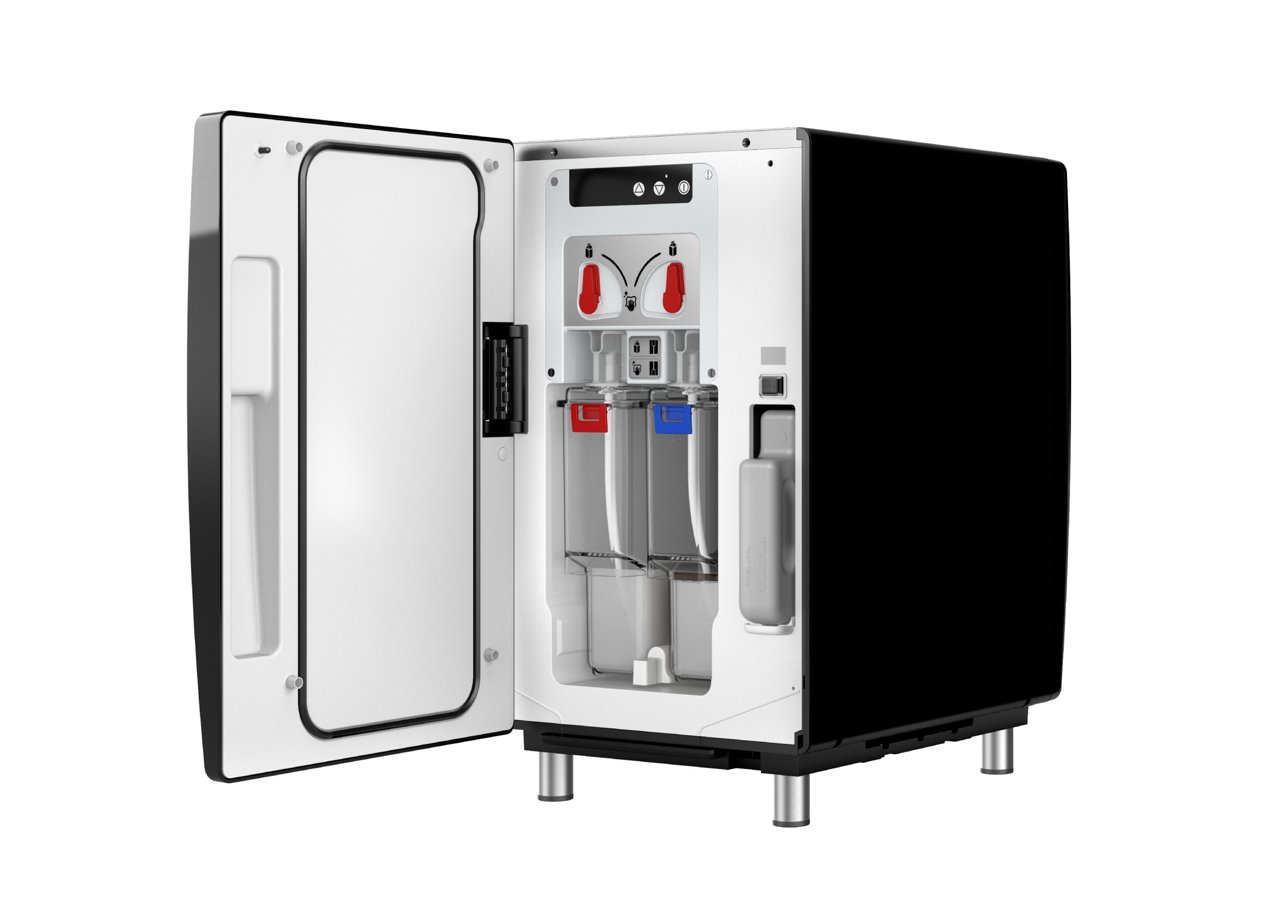 Franke Coffee Systems, add-on unit of fully automatic coffee machine, cooling unit with open door, side view