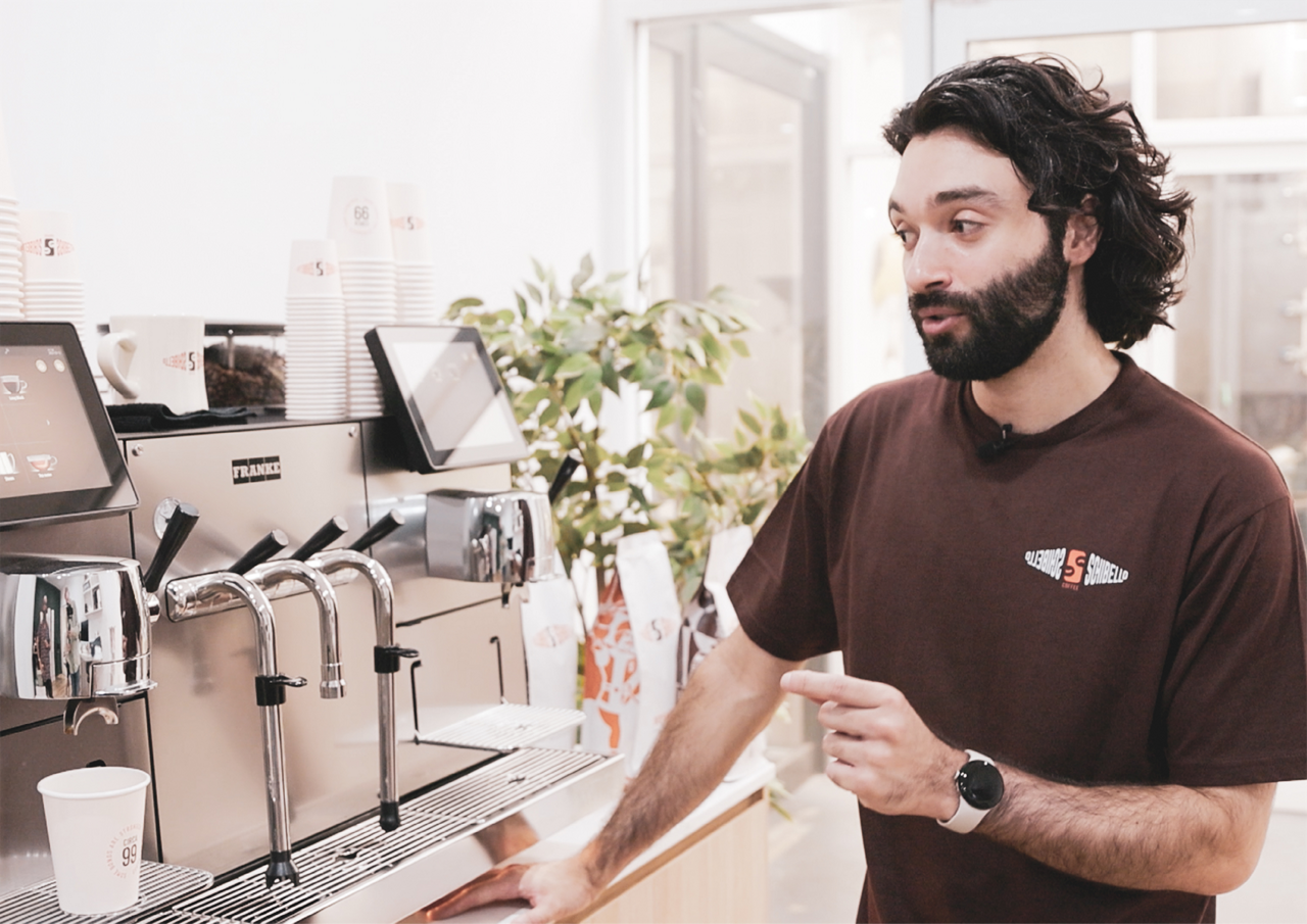 Franke Coffee Systems, Schibello Coffee, Mytico, Matt Annetta, barista man talking in front of the coffee machine