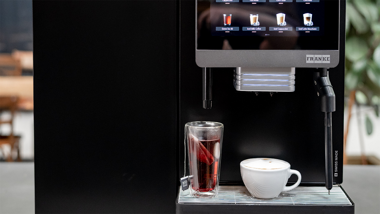 Franke Coffee Systems, fully automatic coffee machine, New A Line, cup platform with tea and cappuccino, PrecisionTemp