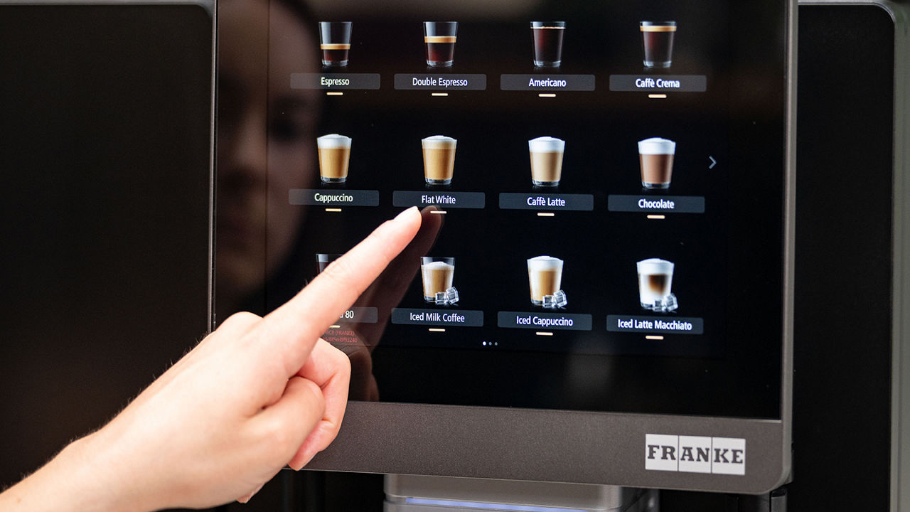Franke Coffee Systems, coffee machine screen interface, menu, customer ordering flat white