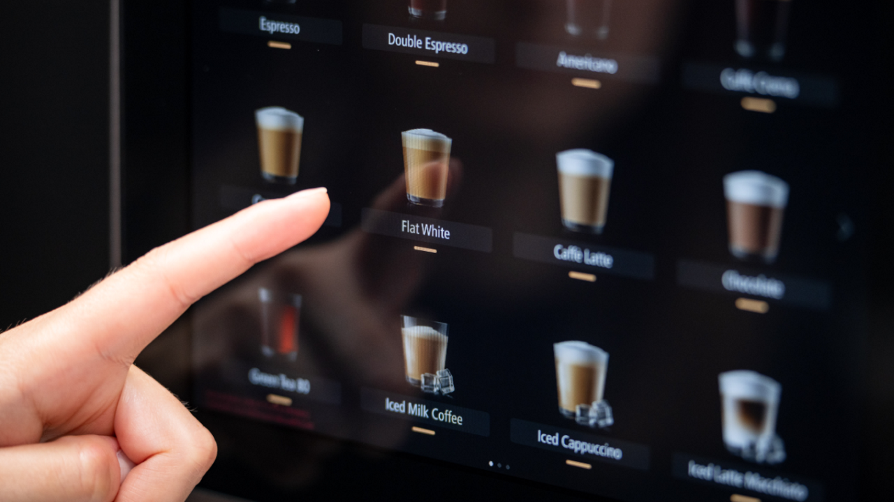Franke Coffee Systems, coffee machine screen interface, menu, close-up customer ordering flat white