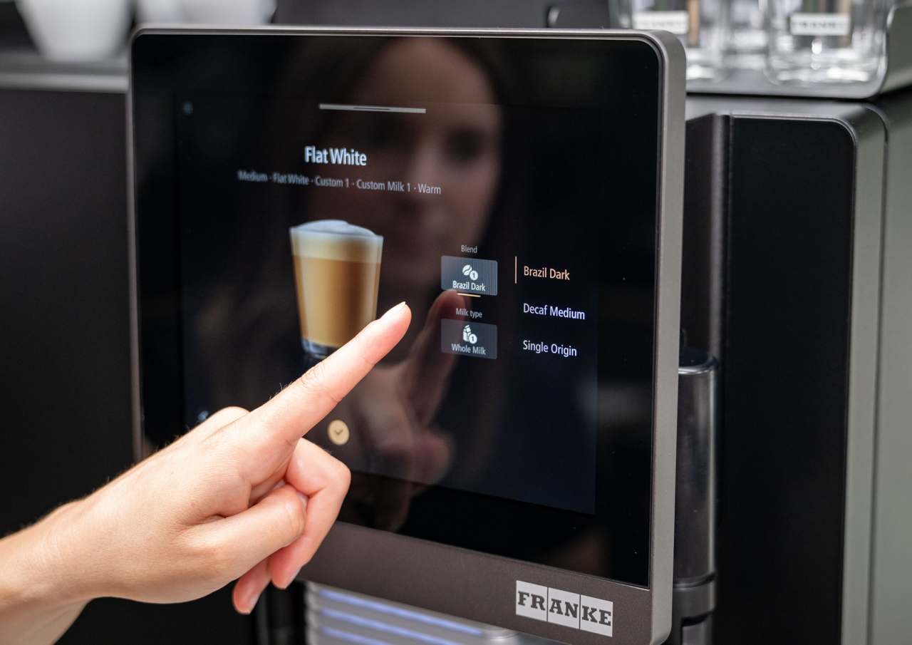 Franke Coffee Systems, coffee machine screen interface, menu, customer ordering flat white, choosing the coffee blend