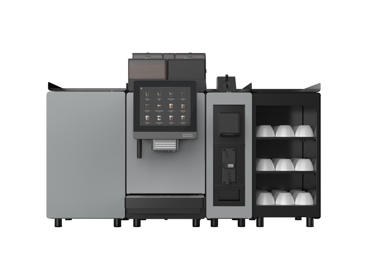 Franke Coffee Systems, fully automatic coffee machine, New A600, front view, granite color, with 12 liters milk cooling unit, powder hopper, ActiveChill module, accounting system and cup warmer