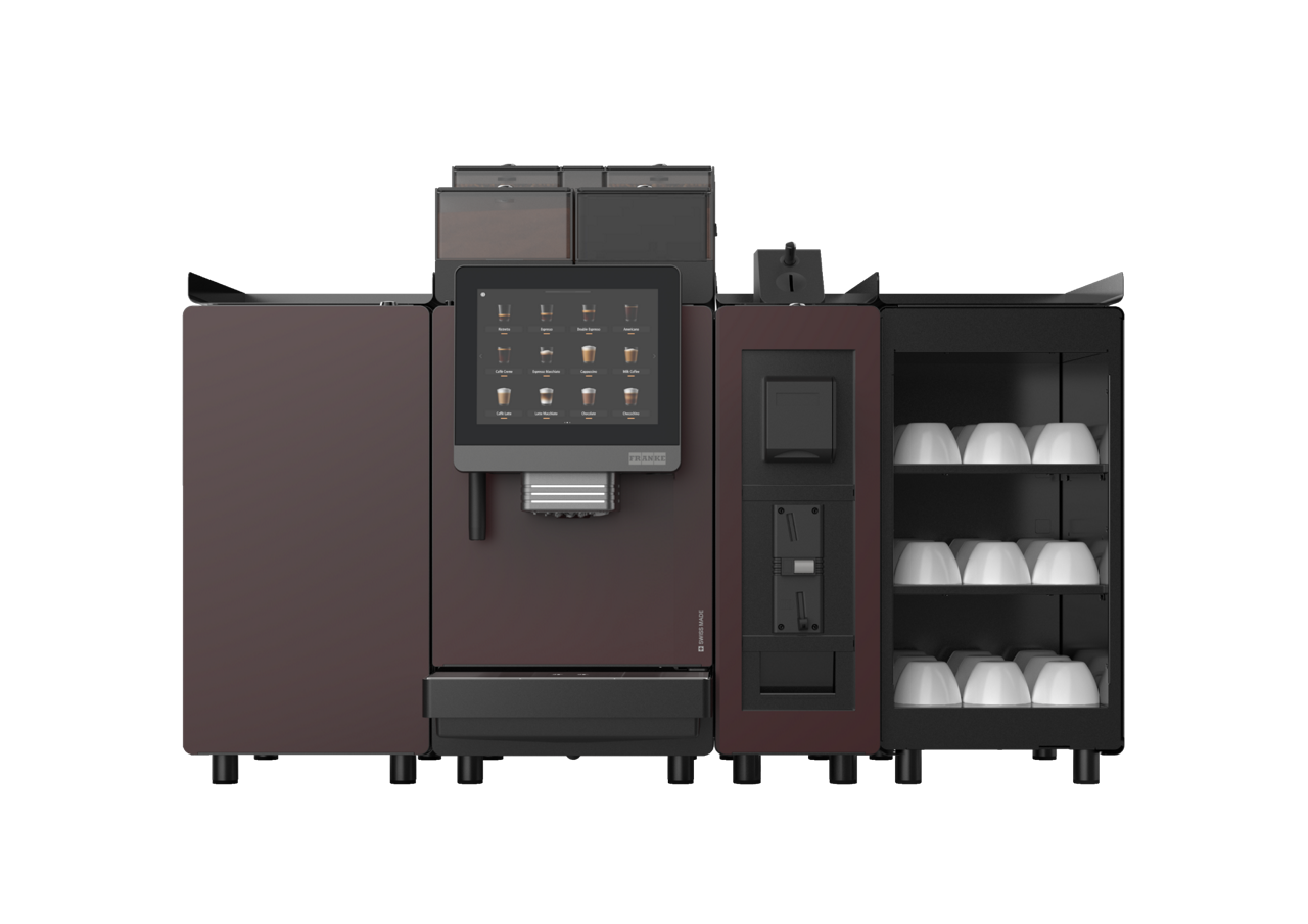 Franke Coffee Systems, fully automatic coffee machine, New A800, front view, mahogany color, with 6 liters milk cooling unit, powder hopper, ActiveChill module, accounting system and cup warmer