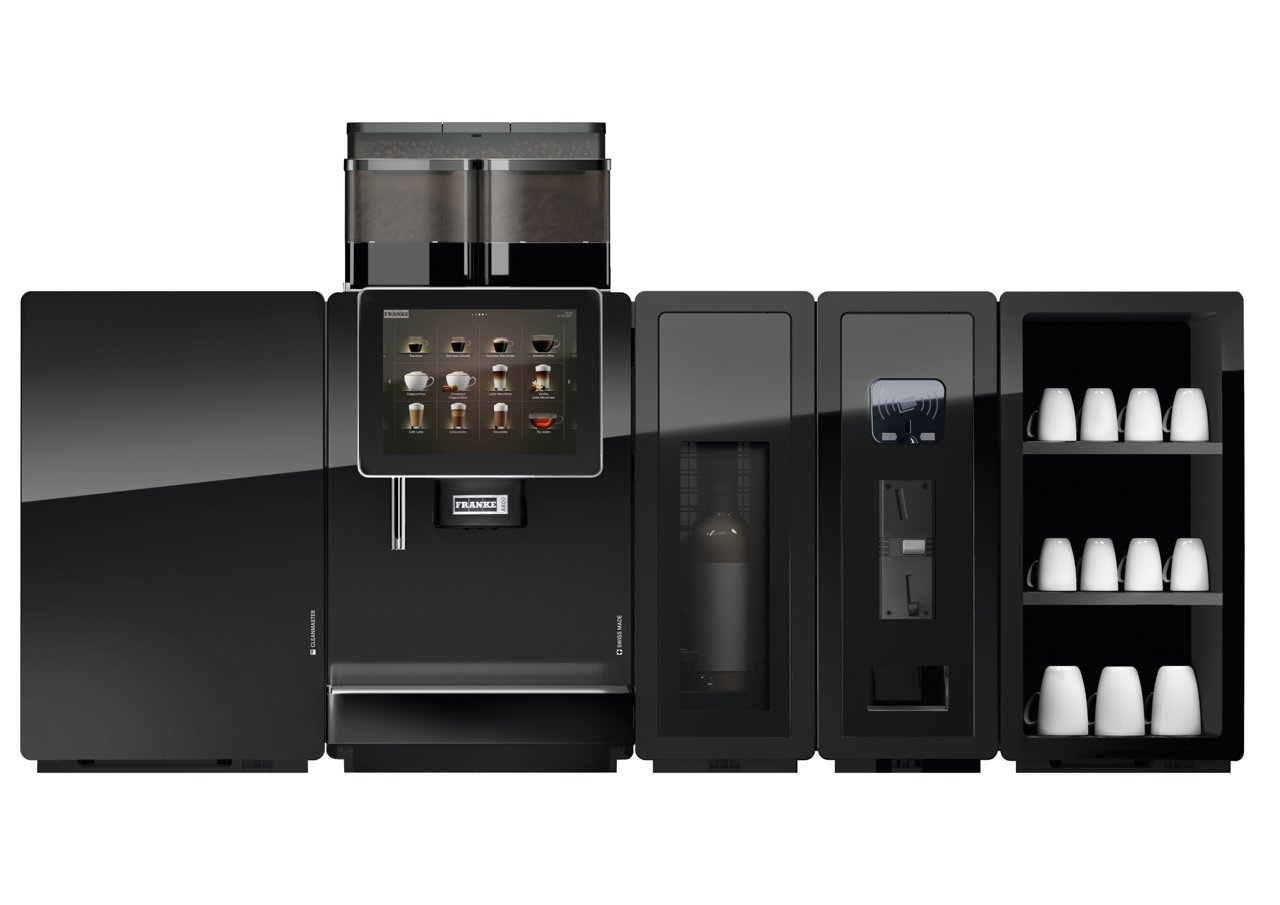 Franke Coffee Systems, fully automatic coffee machine A800 with fridge, flavor station, accounting system and cup warmer with white ceramic cups