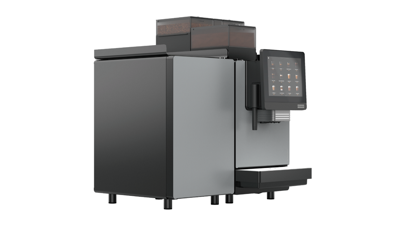 Franke Coffee Systems, fully automatic coffee machine, New A600, side front left view, granite color, with milk cooling unit 