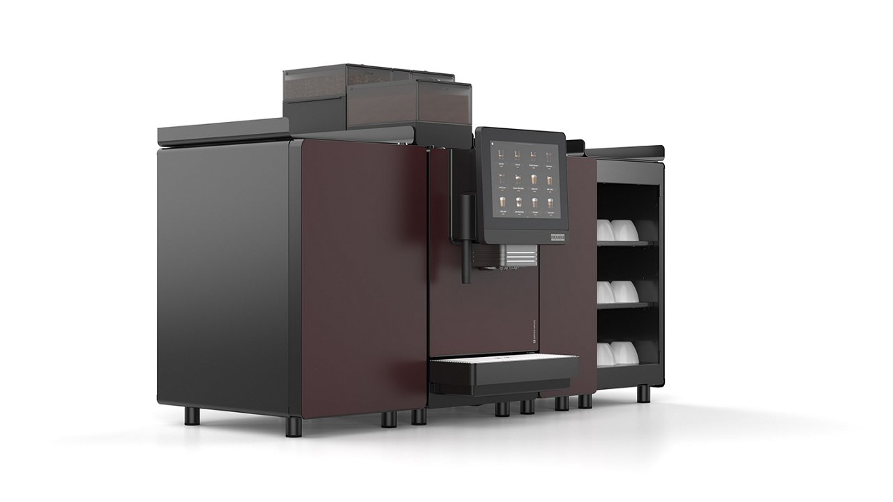 Franke Coffee Systems, fully automatic coffee machine, New A Line, side front left view, mahogany color, with milk cooling unit, flavor station and cup warmer with cups