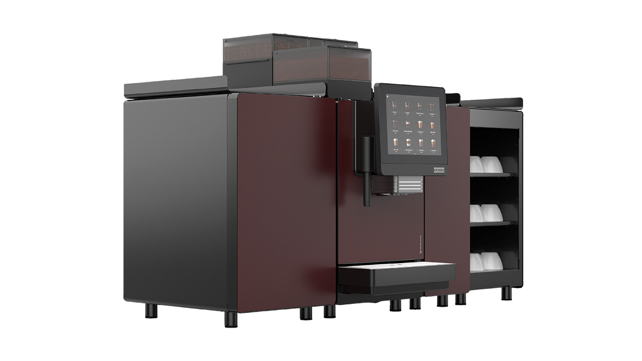 Franke Coffee Systems, fully automatic coffee machine, New A Line, side front left view, mahogany color, with milk cooling unit, flavor station and cup warmer with cups