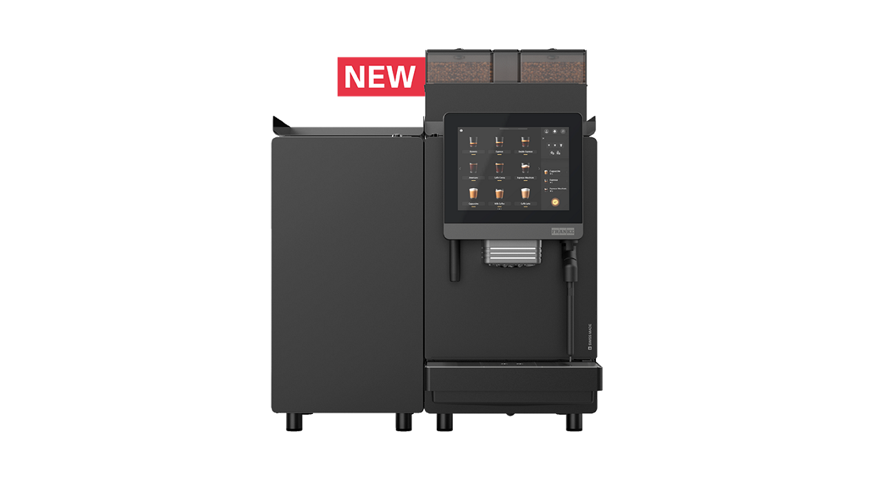 Franke Coffee Systems, fully automatic coffee machine, New A Line, front view, onyx color, with milk cooling unit and new red label