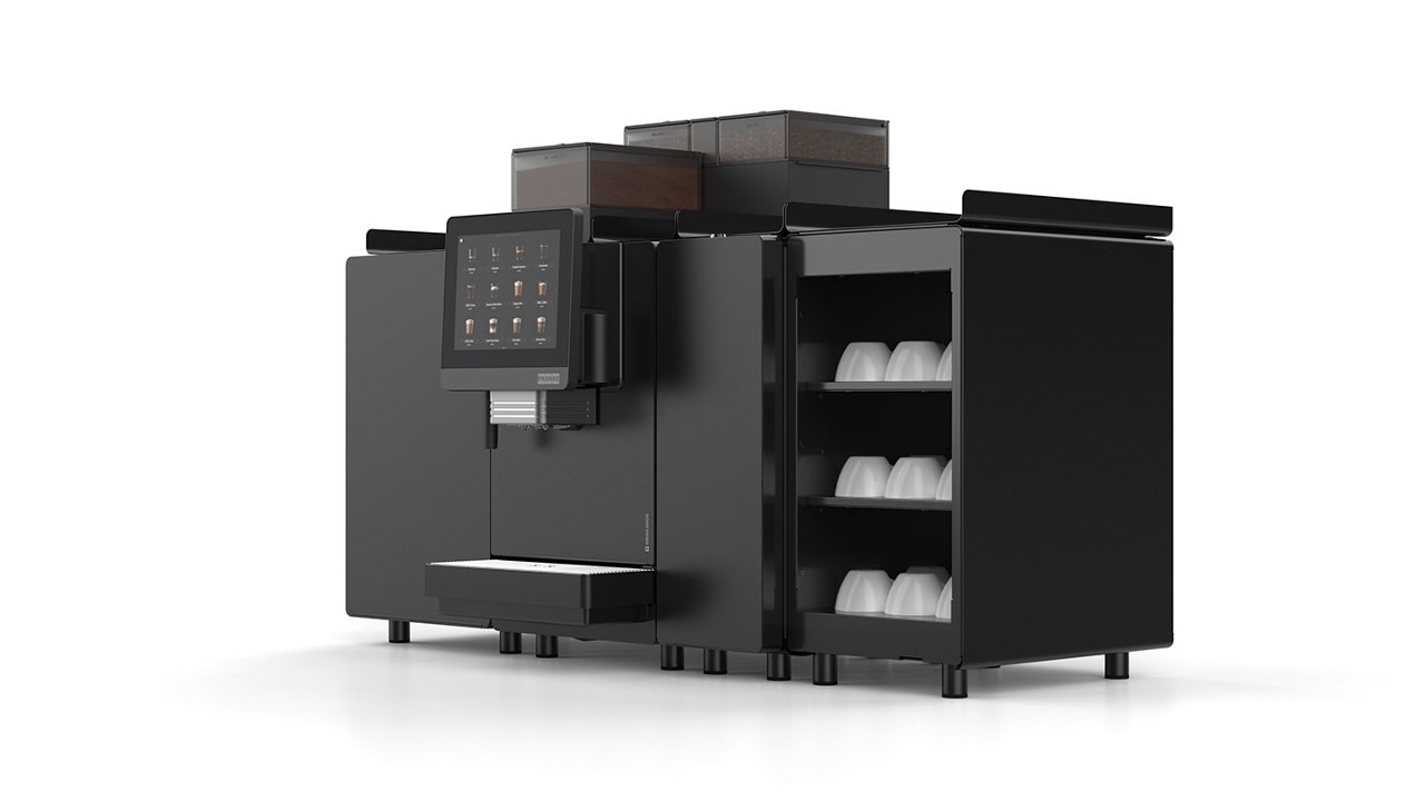 Franke Coffee Systems, fully automatic coffee machine, New A Line, side front right view, onyx color, extended configuration with milk cooling unit, flavor station and cup warmer