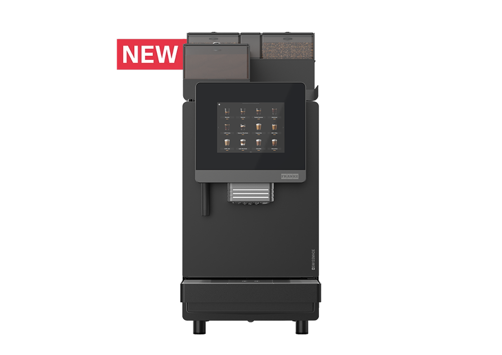 Franke Coffee Systems, fully automatic coffee machine, New A400, front view, onyx color, new red label