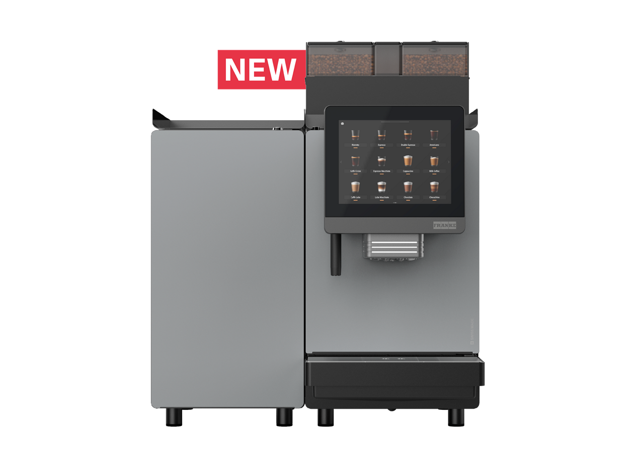 Franke Coffee Systems, fully automatic coffee machine, New A Line, front view, granite color, with milk cooling unit and new red label