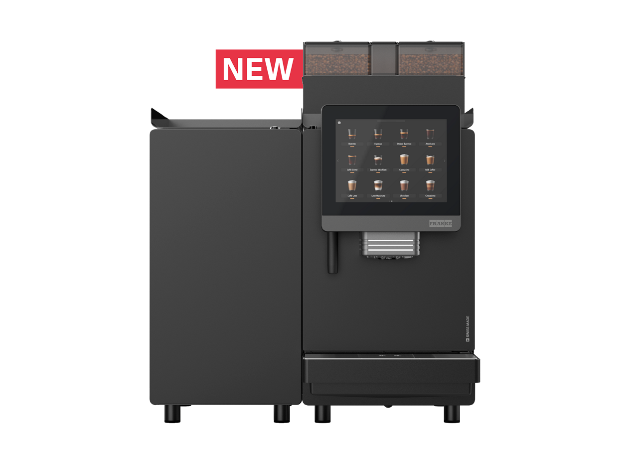 Franke Coffee Systems, fully automatic coffee machine, New A Line, front view, onyx color, with milk cooling unit and new red label