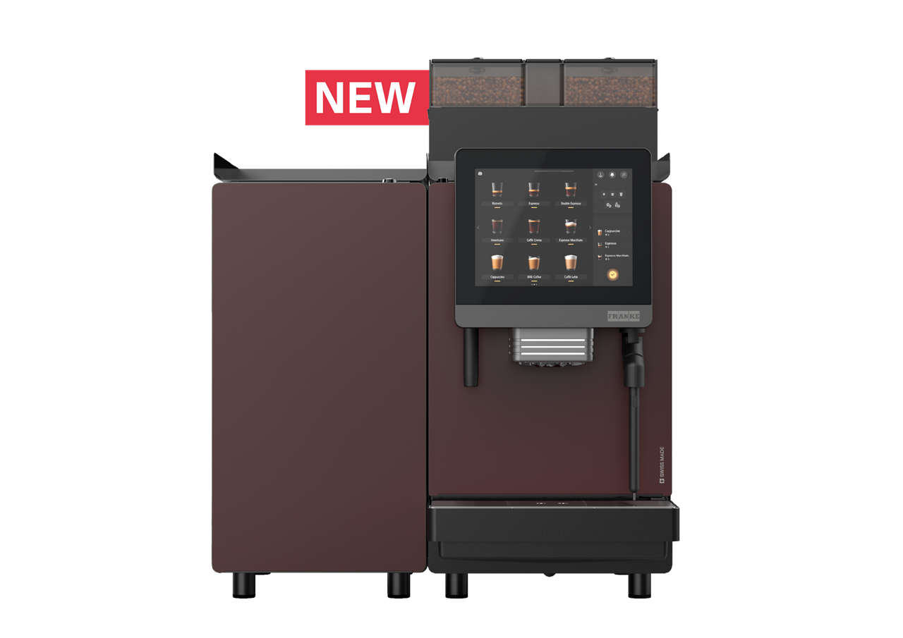 Franke Coffee Systems, fully automatic coffee machine, New A Line, front view, mahogany color, with milk cooling unit and new red label