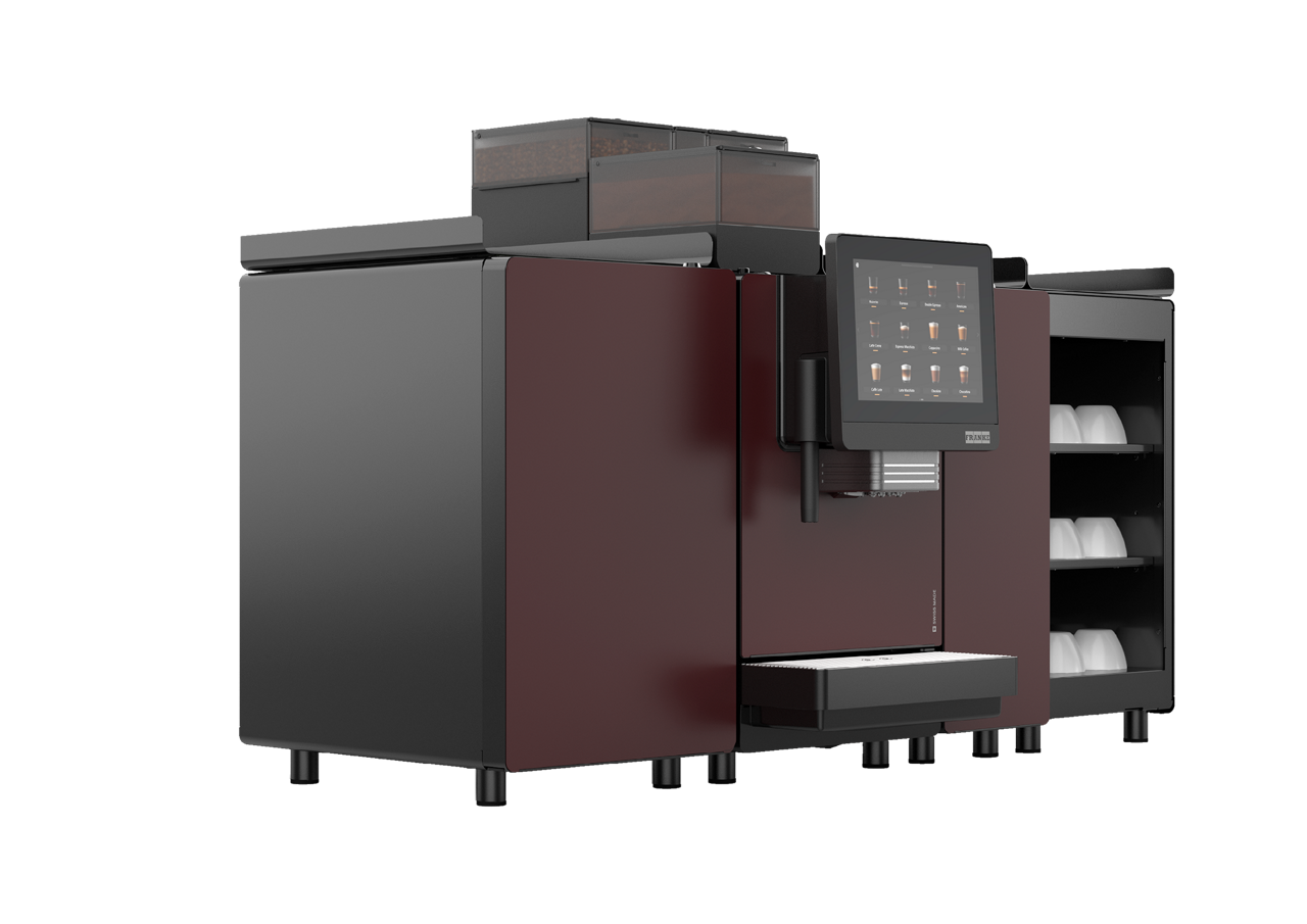 Franke Coffee Systems, fully automatic coffee machine, New A Line, side front left view, mahogany color, extended configuration, with milk cooling unit, flavor station and cup warmer