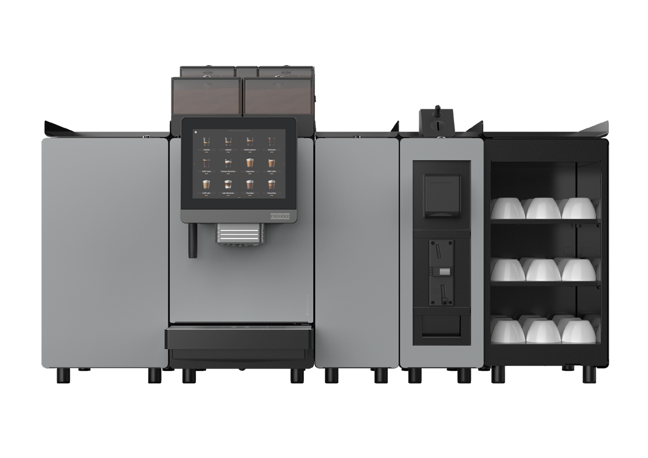 Franke Coffee Systems, fully automatic coffee machine, New A Line, front view, granite color, with milk cooling unit, flavor station, accounting system and cup warmer with cups