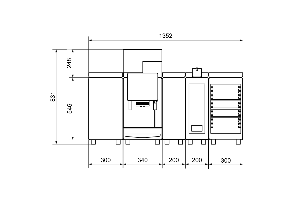Franke Coffee Systems, fully automatic coffee machine, New A Line, technical drawing front view with measurements