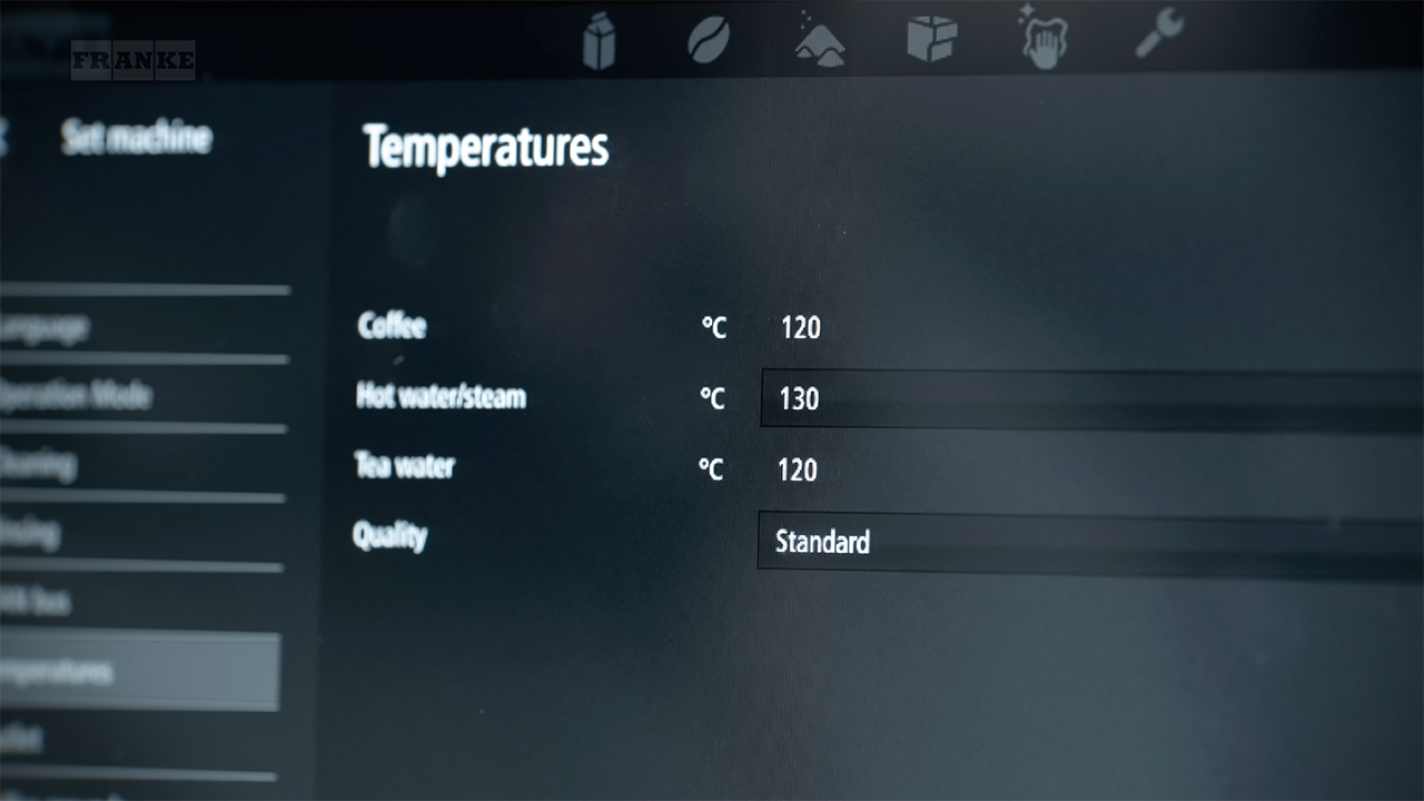 Franke Coffee Systems, coffee machine screen interface, PrecisionTemp temperatures of different beverages