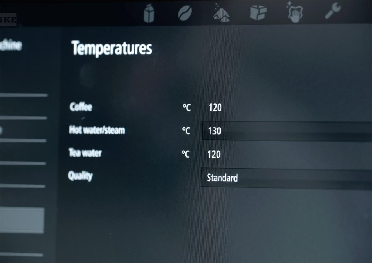 Franke Coffee Systems, coffee machine screen interface, PrecisionTemp temperatures of different beverages