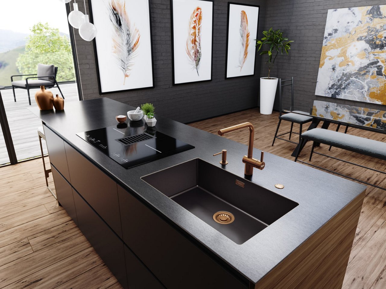 Keuken met zwart werkblad en bronzen keukenkraan