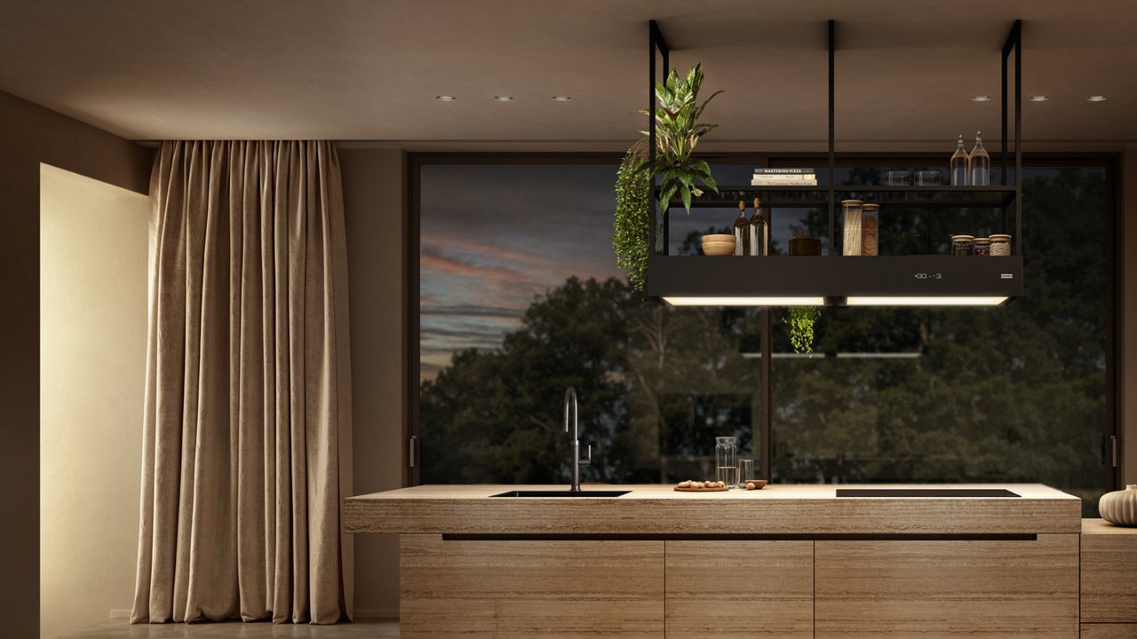Donkere keuken met sfeerverlichting van de hangende Mythos T-Shelf Evolution Dampkap