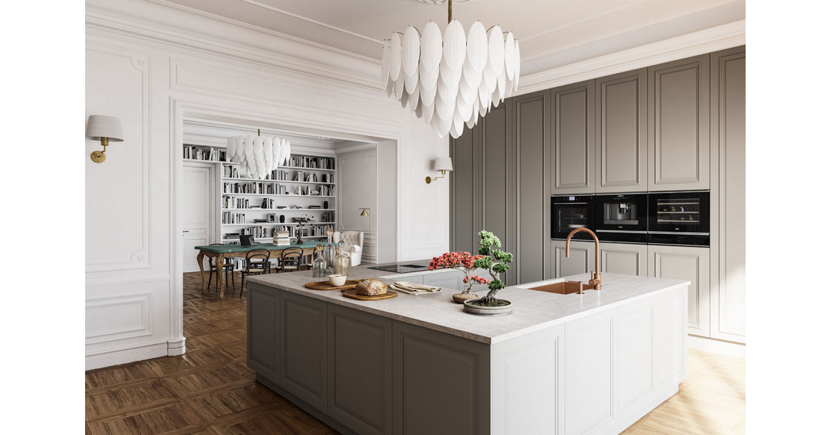 The grandeur of an historic Parisian home with a classical kitchen