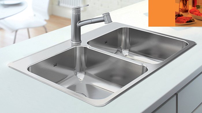Kindred drop in double bowl stainless steel kitchen sink in white kitchen island