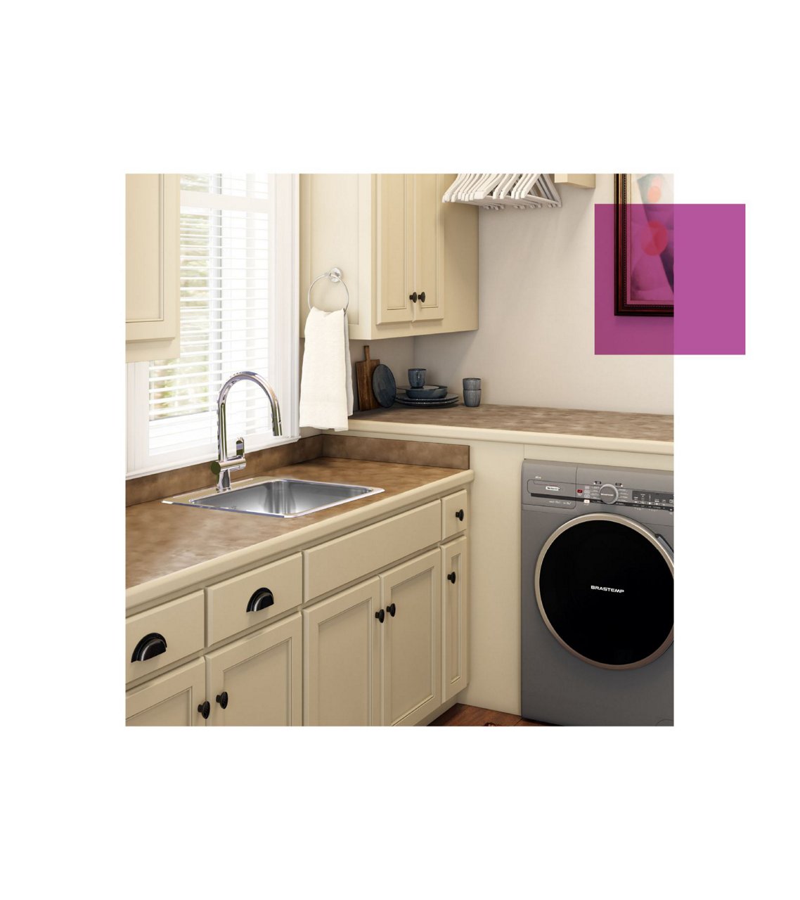 Beige laundry room with a Kindred stainless steel drop in Laundry sink and pull down faucet