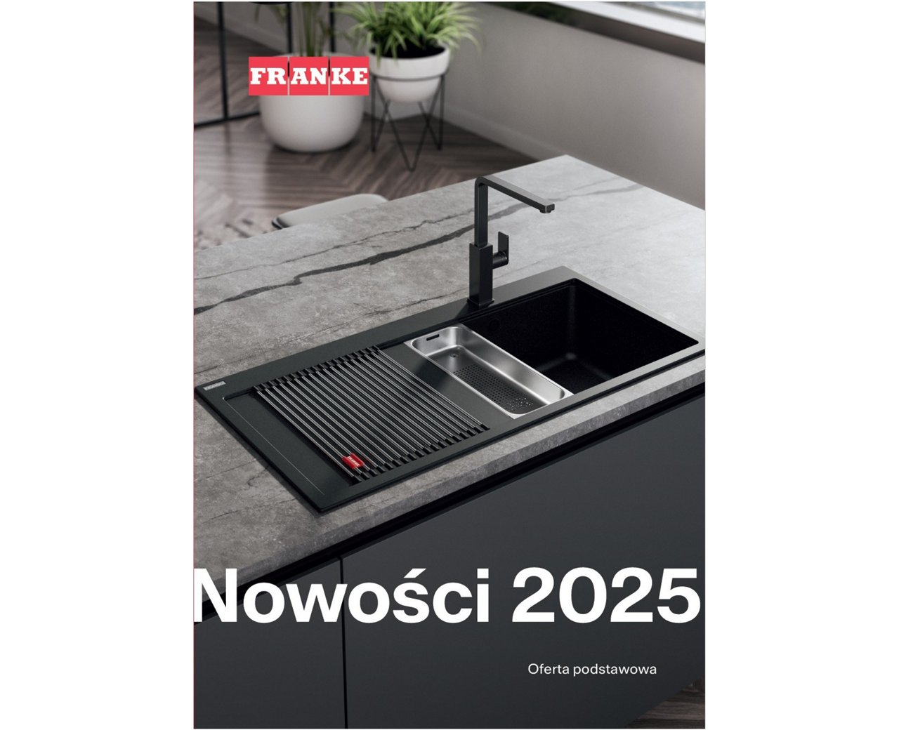 okładka ulotki nowości z katalogu główego Franke, na okładce zlewozmywak granitowy mythos oraz bateria z tej samej serii w kolorze czarnym