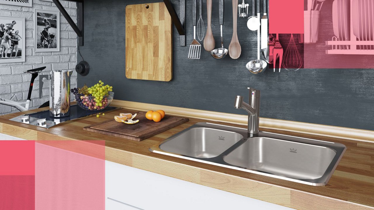 Small kitchen with butcher block counter tops and chalk painted back splash  featuring a double bowl stainless steel kitchen sink