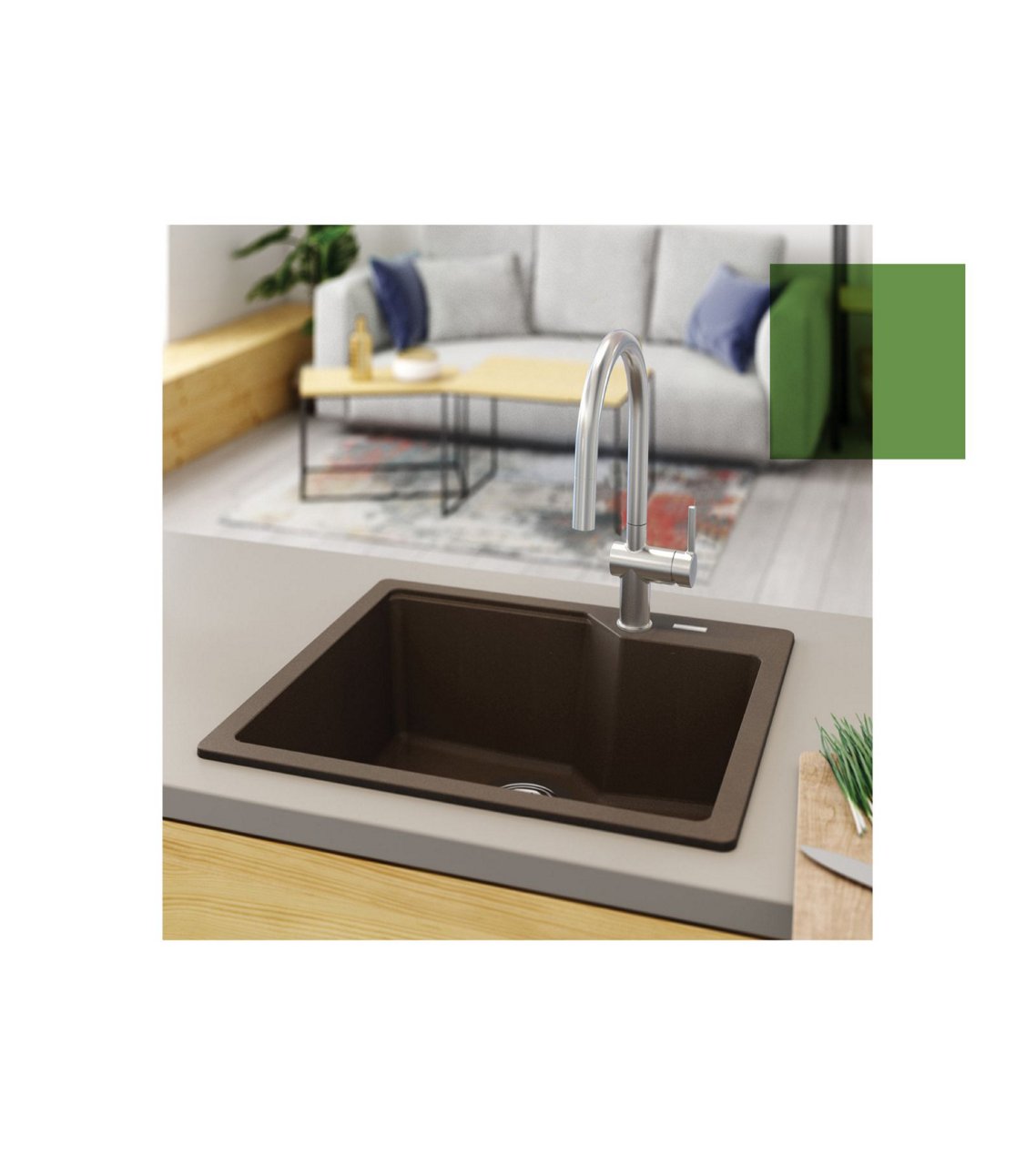Kindred mocha granite drop in single bowl kitchen sink with a stainless steel faucet in kitchen island