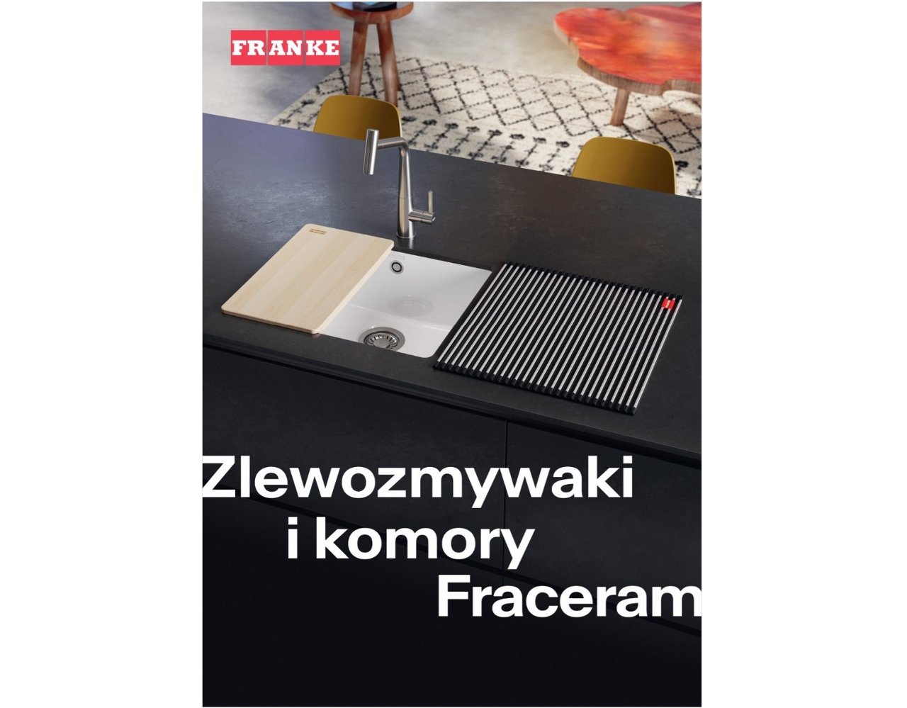 okładka ulotki zlewozmywaków ceramicznych Kubus KXK, na zdjęciu zlewozmywak w kolorze białym oraz chromowana bateria