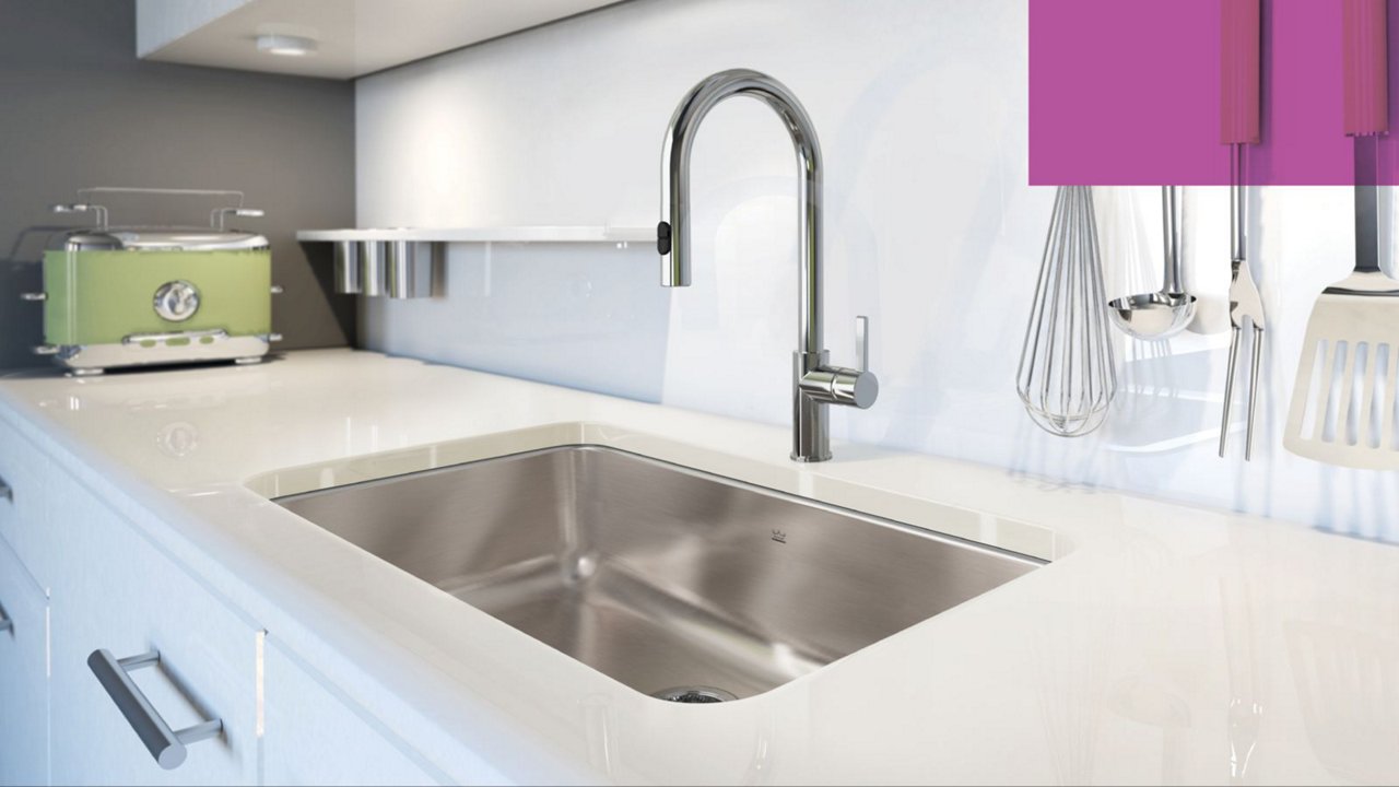 Modern white kitchen with Kindred stainless steel undermount kitchen sink 