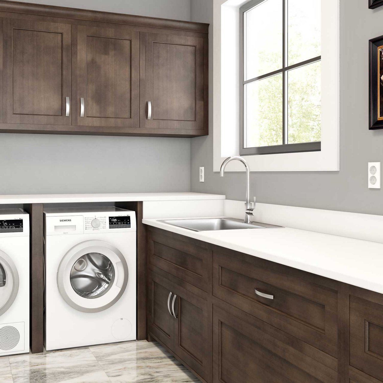 Modern laundry room with single bowl stainless steel sink 